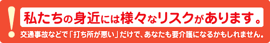 私たちの身近には様々なリスクがあります。
交通事故などで「打ち所が悪い」だけで、あなたも要介護になるかもしれません。