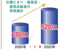 寝たきり・痴呆症・虚弱高齢者の将来推計
2000年：280万人→2025年：520万人