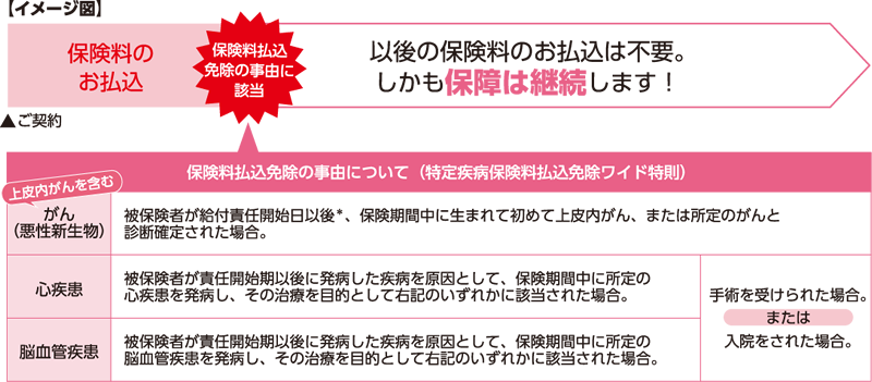 サポート1 所定の要件で以後の保険料払込を免除!〈特定疾病保険料払込免除特則〉、サポート2(サポート1の適用が必須) 治療費や生活費をしっかりサポート!〈特定疾病収入保障特則〉、サポート3〈サポート1の適用が必須〉 一時的な出費に備えることもできます!〈特定疾病一時金特約(無解約払戻金・Ⅱ型)〉