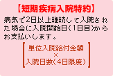 【短期疾病入院特約】
病気で2日以上継続して入院された場合に入院開始日（1日目）からお支払いします。
単位入院給付金額×入院日数（4日限度）