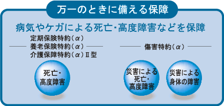万一のときに備える保障　病気やケガによる死亡・高度障害などを保障