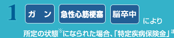1 ガン 急性心筋梗塞 脳卒中 により所定の状態※になられた場合、「特定疾病保険金」注1をお受け取りいただけます。注2