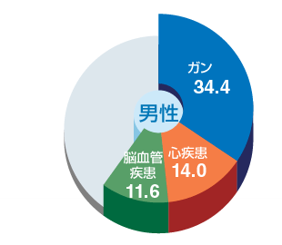 男性　ガン34.4％　心疾患14.0％　脳血管疾患11.6％
