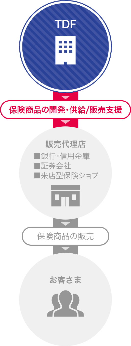 TDF：保険商品の開発・供給/販売支援→販売代理店（銀行・信用金庫 証券会社 来店型保険ショップ）：保険商品の販売→お客さま