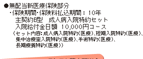 ●無配当新医療保険部分
　・保険期間・保険料払込期間：10年
　　主契約B型　成人病入院特約セット
　　入院給付金日額  10,000円コース
　　（セット内容：成人病入院特約（医療）、短期入院特約（医療）、
   集中治療室入院特約（医療）、手術特約（医療）、
   長期療養特約（医療））
