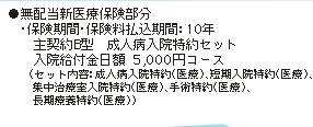 ●無配当新医療保険部分
　・保険期間・保険料払込期間：10年
　　主契約B型　成人病入院特約セット
　　入院給付金日額  5,000円コース
　　（セット内容：成人病入院特約（医療）、短期入院特約（医療）、
　　 集中治療室入院特約（医療）、手術特約（医療）、
　　 長期療養特約（医療））