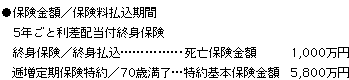 ●保険金額／保険料払込期間
5年ごと利差配当付終身保険
終身保険／終身払込……・死亡保険金額　1,000万円
逓増定期保険特約／70歳満了…特約基本保険金額　5,800万円