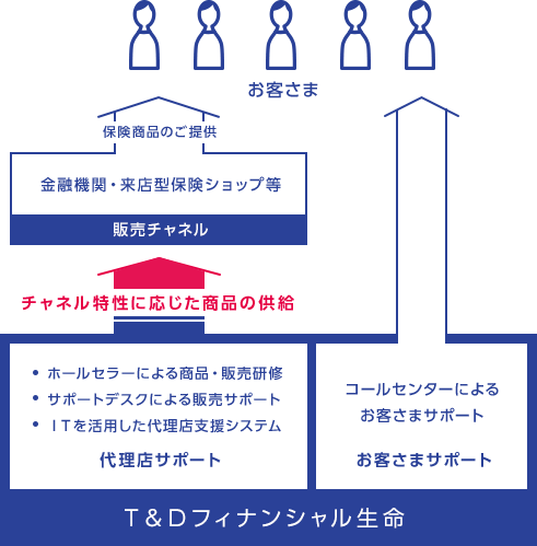 Ｔ&Ｄフィナンシャル生命の代理店サポート（ホールセラーによる商品・販売研修 サポートデスクによる販売サポート ITを活用した代理店支援システム）からチャネル特性に応じた商品の供給があり、販売チャネル（金融機関・来店型保険ショップ等）を通じてお客さまに保険商品のご提供。 またはＴ&Ｄフィナンシャル生命のお客さまサポート（コールセンターによるお客さまサポート）。