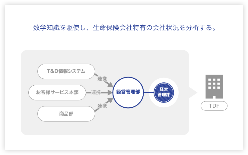 数学知識を駆使し、生命保険会社特有の会社状況を分析する。 Ｔ&Ｄ情報システム・お客様サービス本部・商品部→連携 経営管理部→経営管理課→TDF